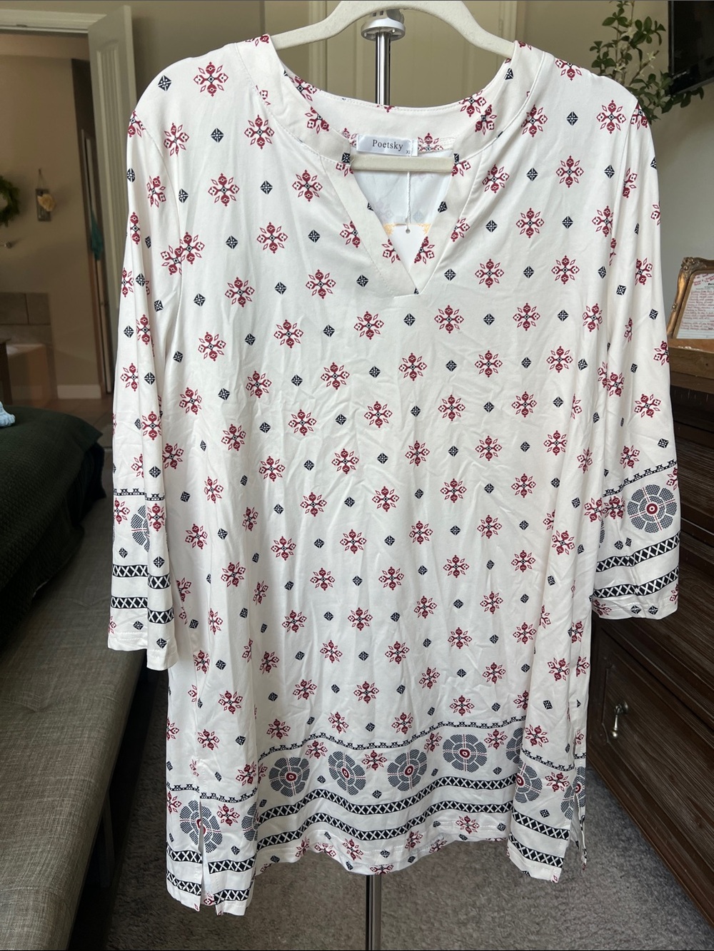 Women’s Cream V-Neck Tunic with Red & Blue Folk Print